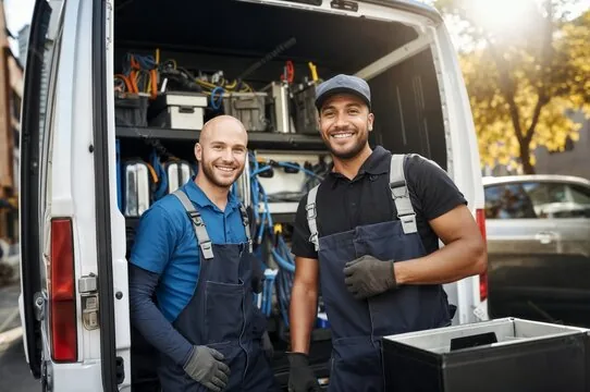 Two smiling AquaPeak plumbers standing at the open back of a fully stocked service van